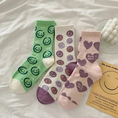 Cartoon Kawaii Socks 3 Pairs Set for Everyday Wear Green