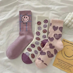 Cartoon Kawaii Socks 3 Pairs Set for Everyday Wear Purple