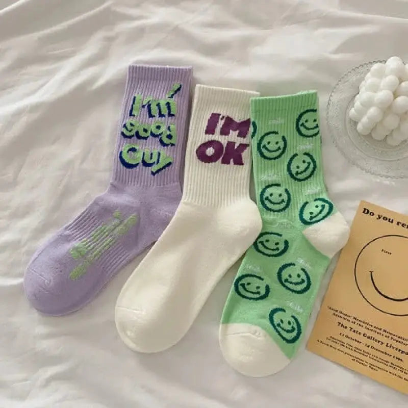 Cartoon Kawaii Socks 3 Pairs Set for Everyday Wear Purple