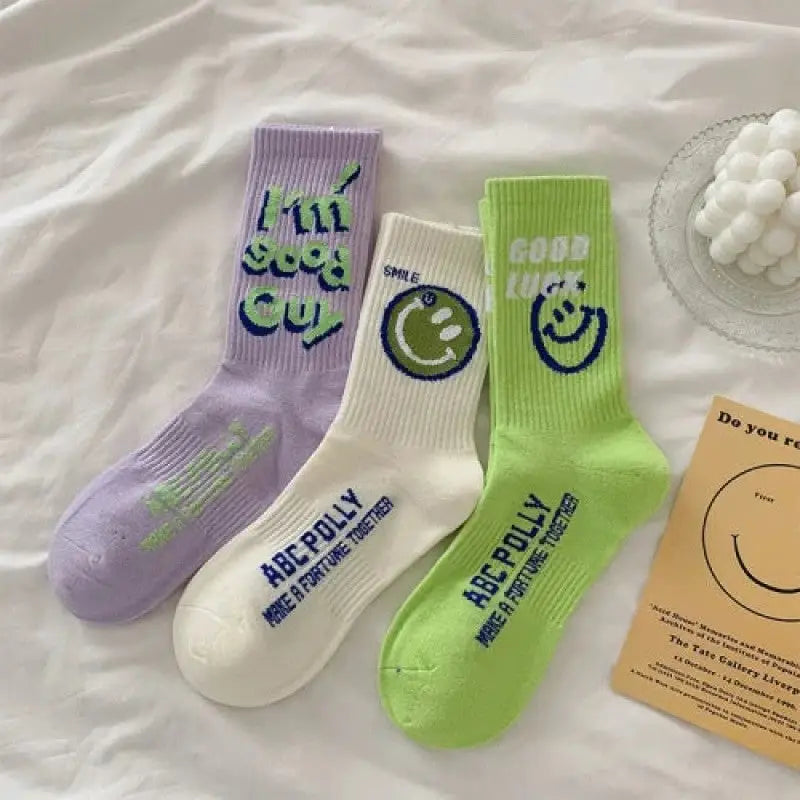 Cartoon Kawaii Socks 3 Pairs Set for Everyday Wear Purple