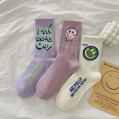 Cartoon Kawaii Socks 3 Pairs Set for Everyday Wear Purple