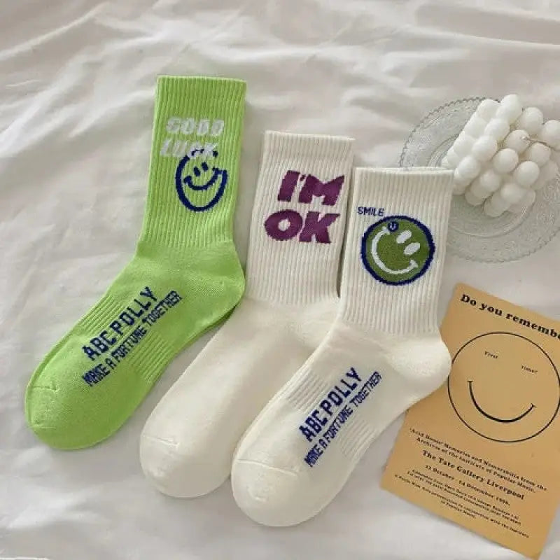 Cartoon Kawaii Socks 3 Pairs Set for Everyday Wear White