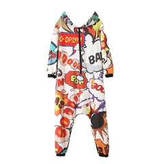 Cartoon Letters Hooded One-piece Loose Jumpsuit - White