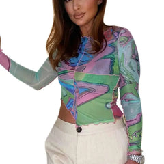 Cartoon Print Sheer Mesh Crop Top with Slim Sleeves