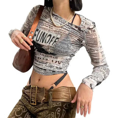Cartoon Print Sheer Mesh Crop Top with Slim Sleeves Black