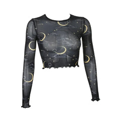 Cartoon Print Sheer Mesh Crop Top with Slim Sleeves Black