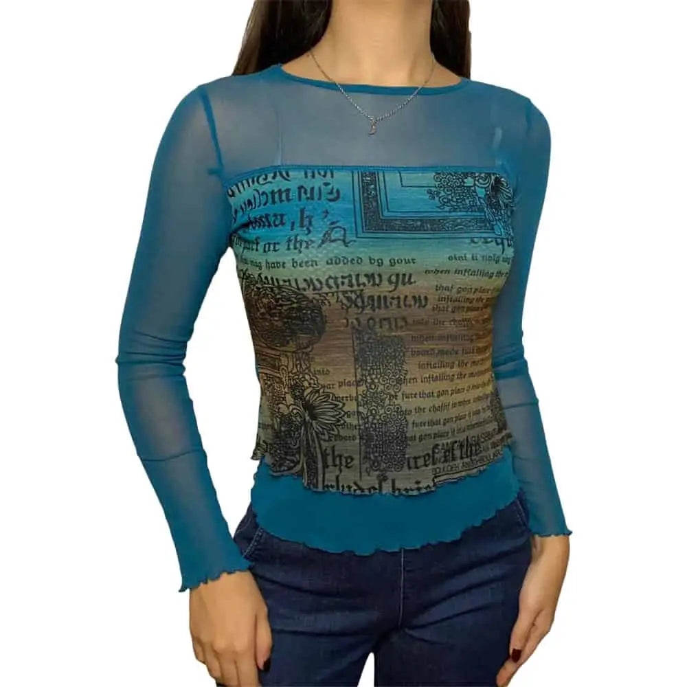 Cartoon Print Sheer Mesh Crop Top with Slim Sleeves Blue / S