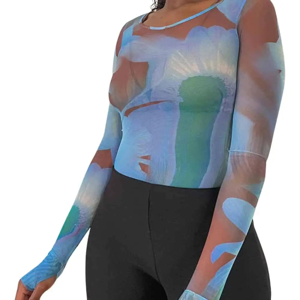 Cartoon Print Sheer Mesh Crop Top with Slim Sleeves Clear