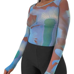 Cartoon Print Sheer Mesh Crop Top with Slim Sleeves Clear