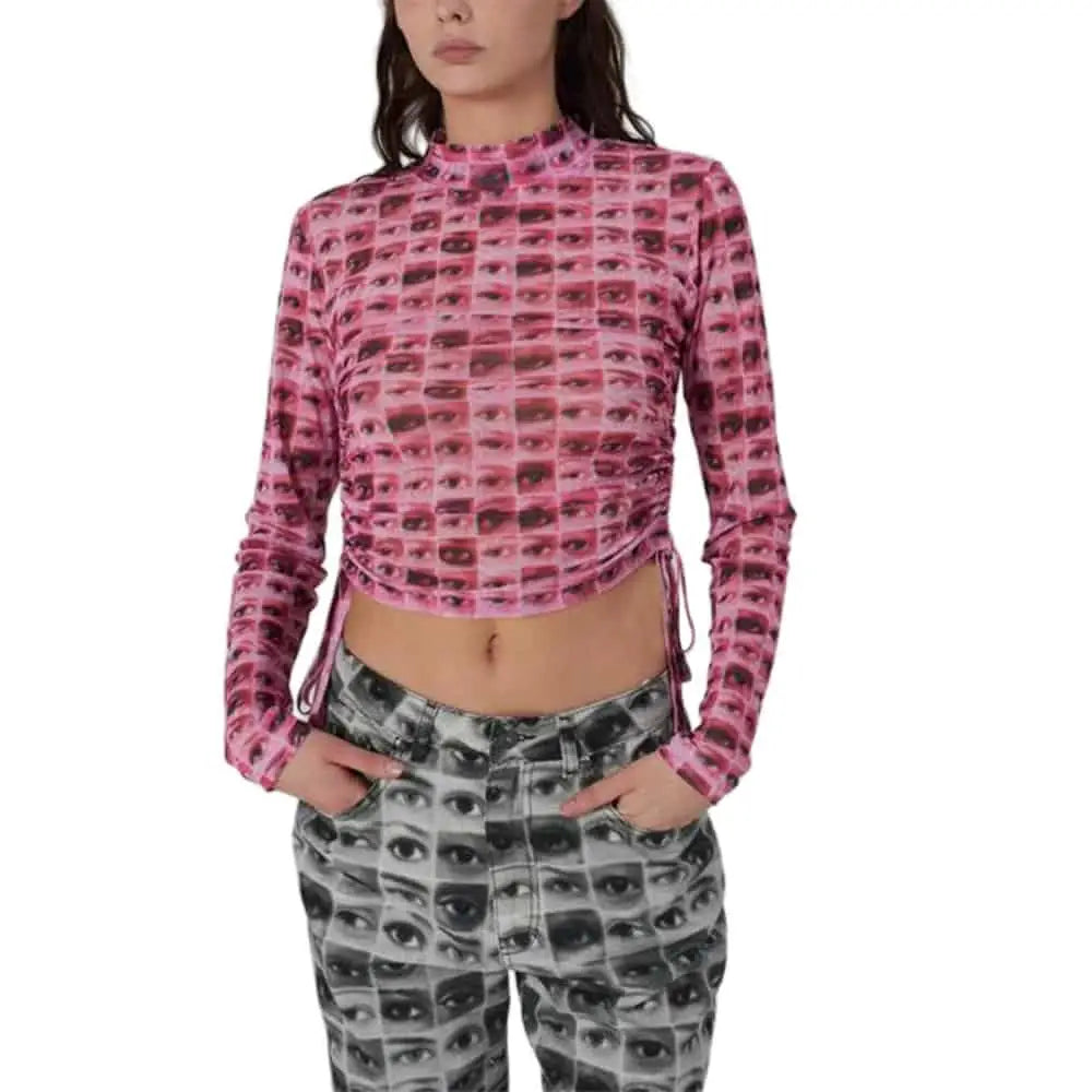 Cartoon Print Sheer Mesh Crop Top with Slim Sleeves Eye