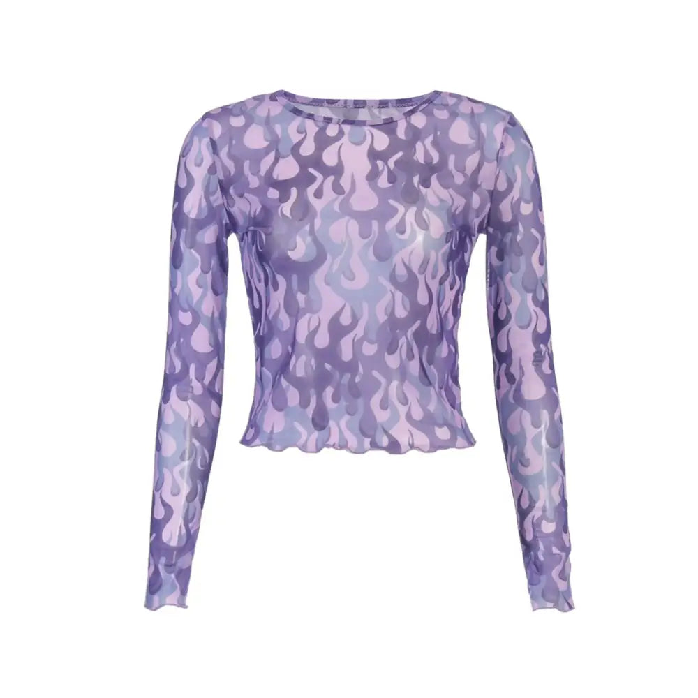 Cartoon Print Sheer Mesh Crop Top with Slim Sleeves Lilac