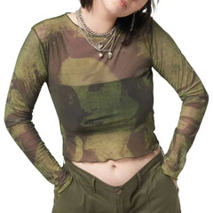 Cartoon Print Sheer Mesh Crop Top with Slim Sleeves