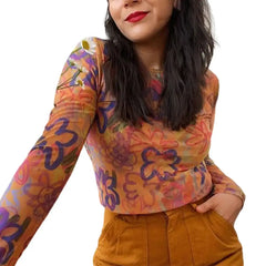 Cartoon Print Sheer Mesh Crop Top with Slim Sleeves Orange