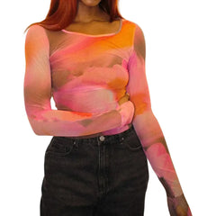 Cartoon Print Sheer Mesh Crop Top with Slim Sleeves Pink / S