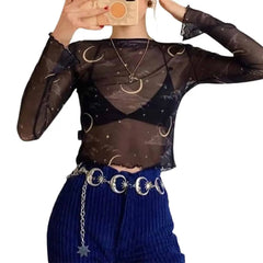 Cartoon Print Sheer Mesh Crop Top with Slim Sleeves