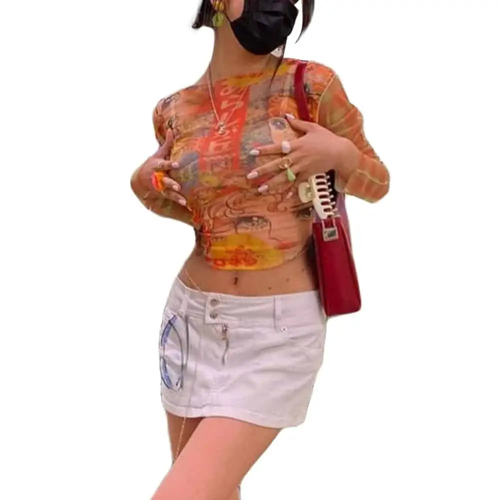 Cartoon Print Sheer Mesh Crop Top with Slim Sleeves