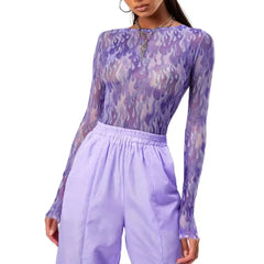 Cartoon Print Sheer Mesh Crop Top with Slim Sleeves