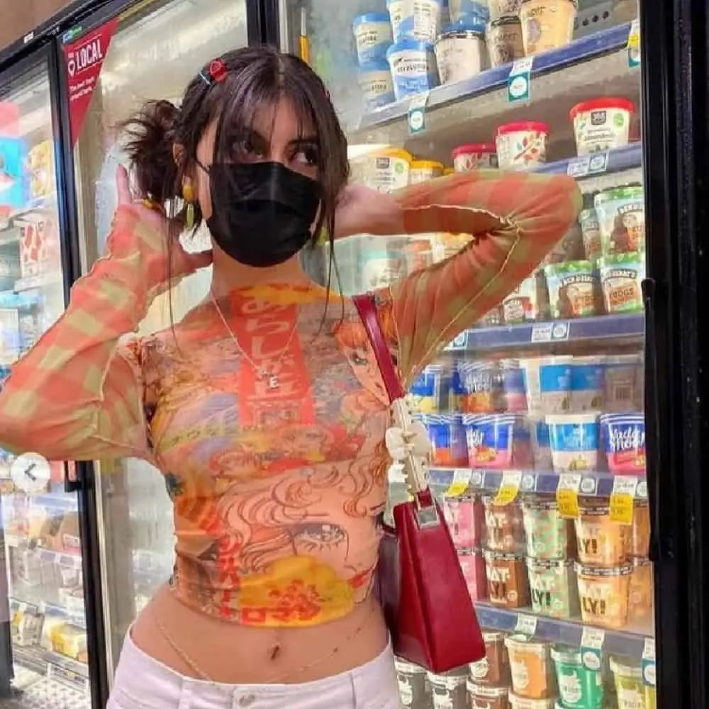 Cartoon Print Sheer Mesh Crop Top with Slim Sleeves