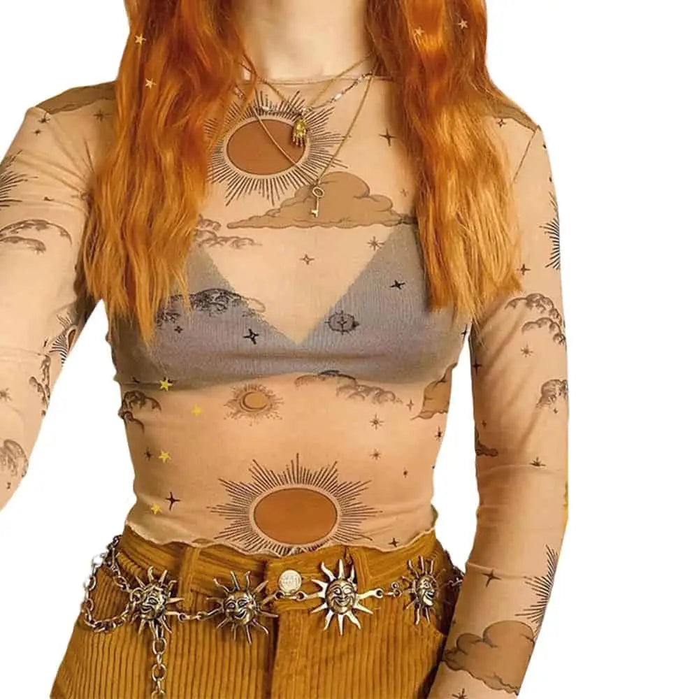 Cartoon Print Sheer Mesh Crop Top with Slim Sleeves