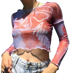 Cartoon Print Sheer Mesh Crop Top with Slim Sleeves White