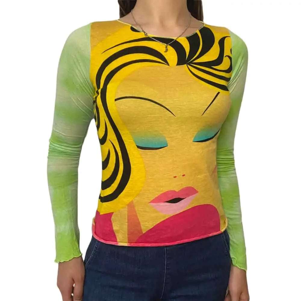 Cartoon Print Sheer Mesh Crop Top with Slim Sleeves Woman