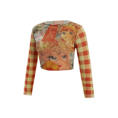 Cartoon Print Sheer Mesh Slim Sleeve Crop Top - Orange