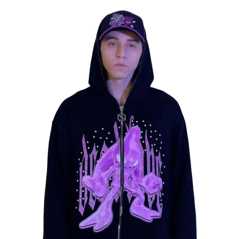 Cartoon Print Zip Up Hoodie 48 inches Length 51 Sleeve