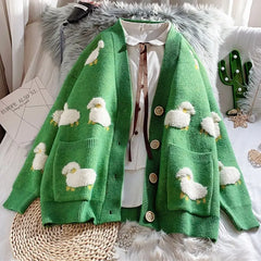 Cartoon Sheep V-Neck Button Sweater