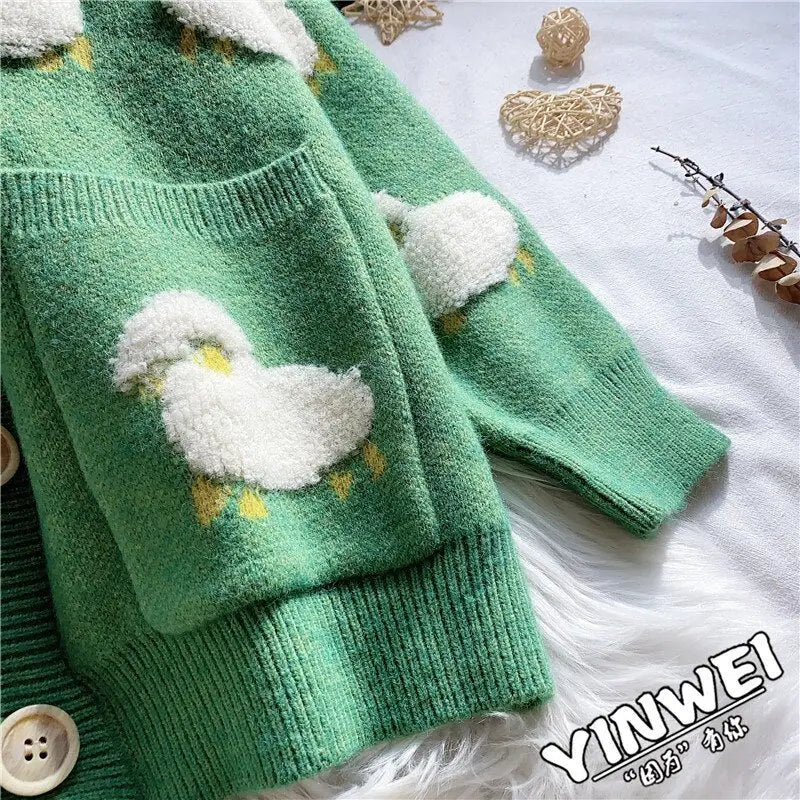 Cartoon Sheep V-Neck Button Sweater