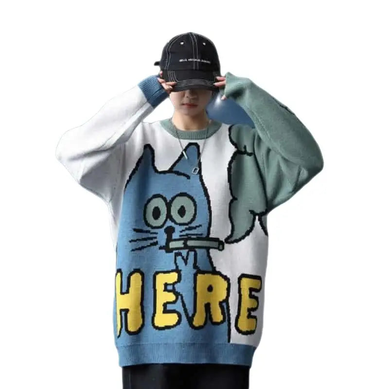 Cartoon Smoking Cat Knitted Sweater