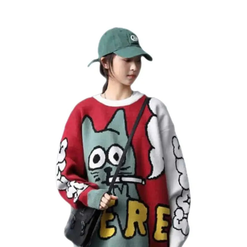 Cartoon Smoking Cat Knitted Sweater