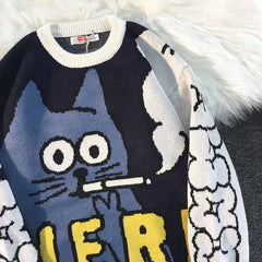 Cartoon Smoking Cat Knitted Sweater