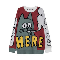 Cartoon Smoking Cat Knitted Sweater - RED / M