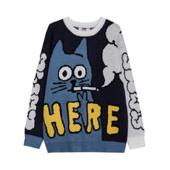 Cartoon Smoking Cat Knitted Sweater