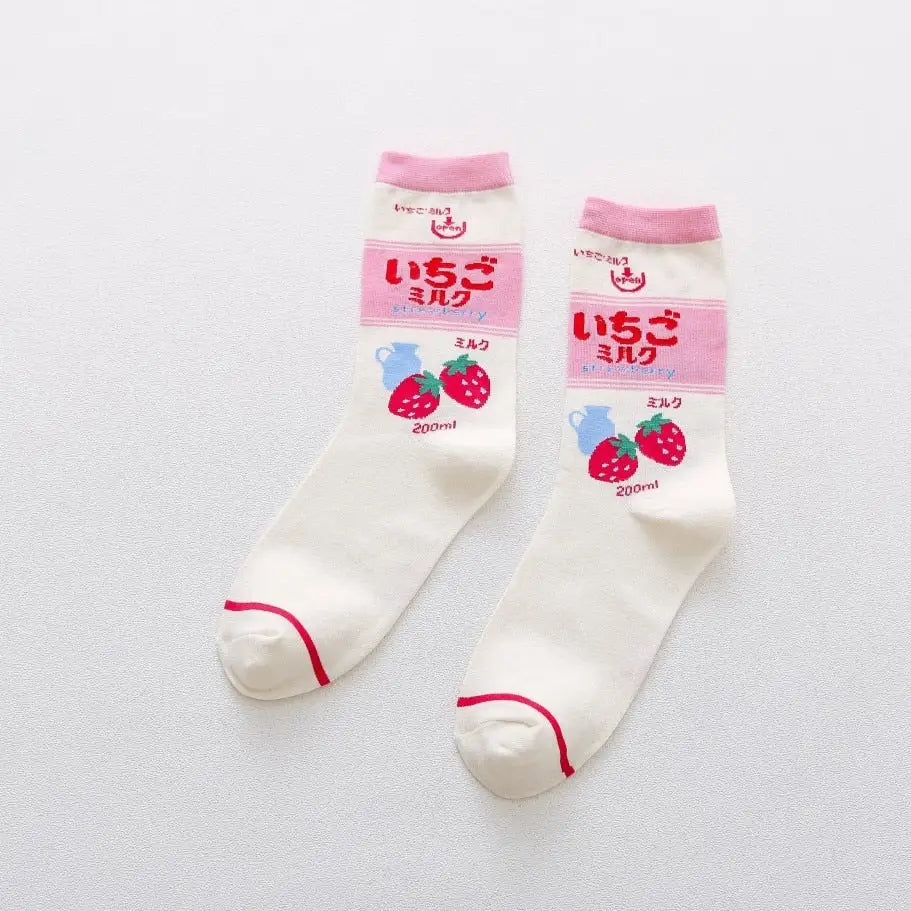 Cartoon Socks - White-Strawberry / One Size