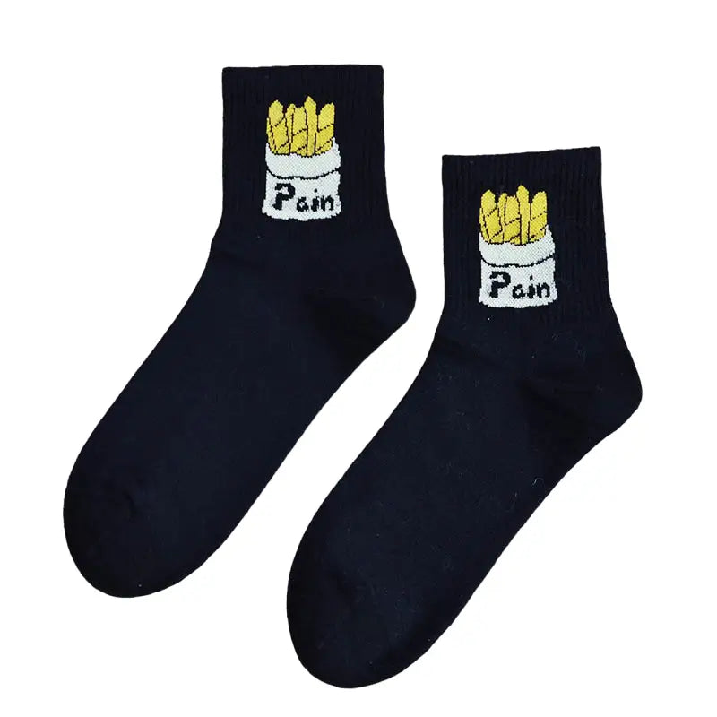 Cartoon Solid Color Cotton Socks Black-French fries
