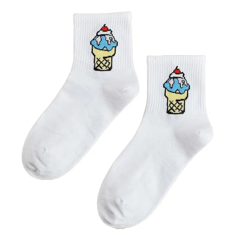 Cartoon Solid Color Cotton Socks White-Ice Cream / One Size
