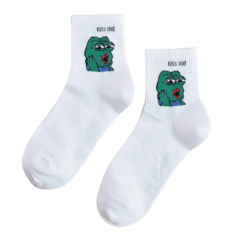 Cartoon Solid Color Socks - White-Sad frog / One Size