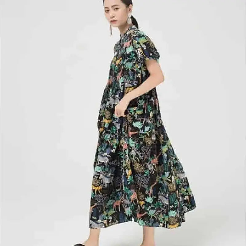 Cartoon Stand Collar Short Sleeve Dress for Women black