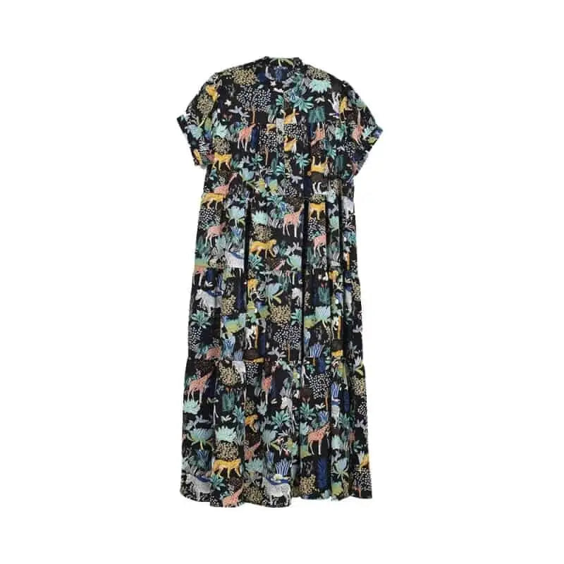 Cartoon Stand Collar Short Sleeve Dress for Women black