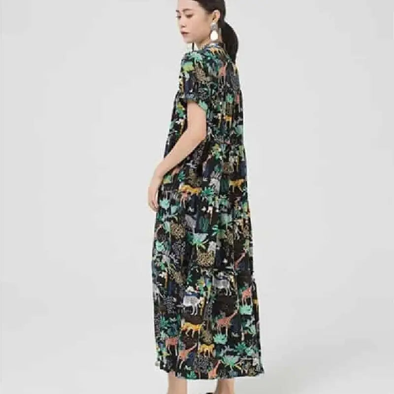 Cartoon Stand Collar Short Sleeve Dress for Women black