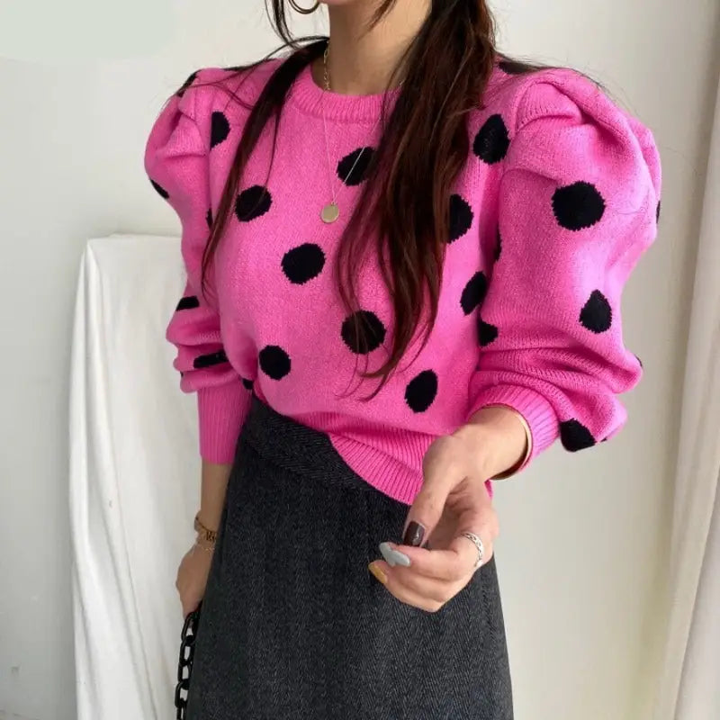 Cashmere Cotton Polka Dot Puff Sleeve Sweater