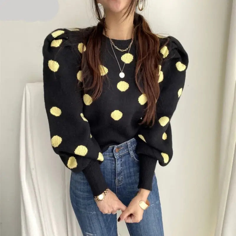 Cashmere Cotton Polka Dot Puff Sleeve Sweater Black