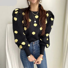 Cashmere Cotton Polka Dot Puff Sleeve Sweater Black