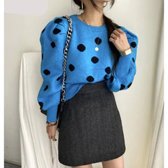 Cashmere Cotton Polka Dot Puff Sleeve Sweater Blue