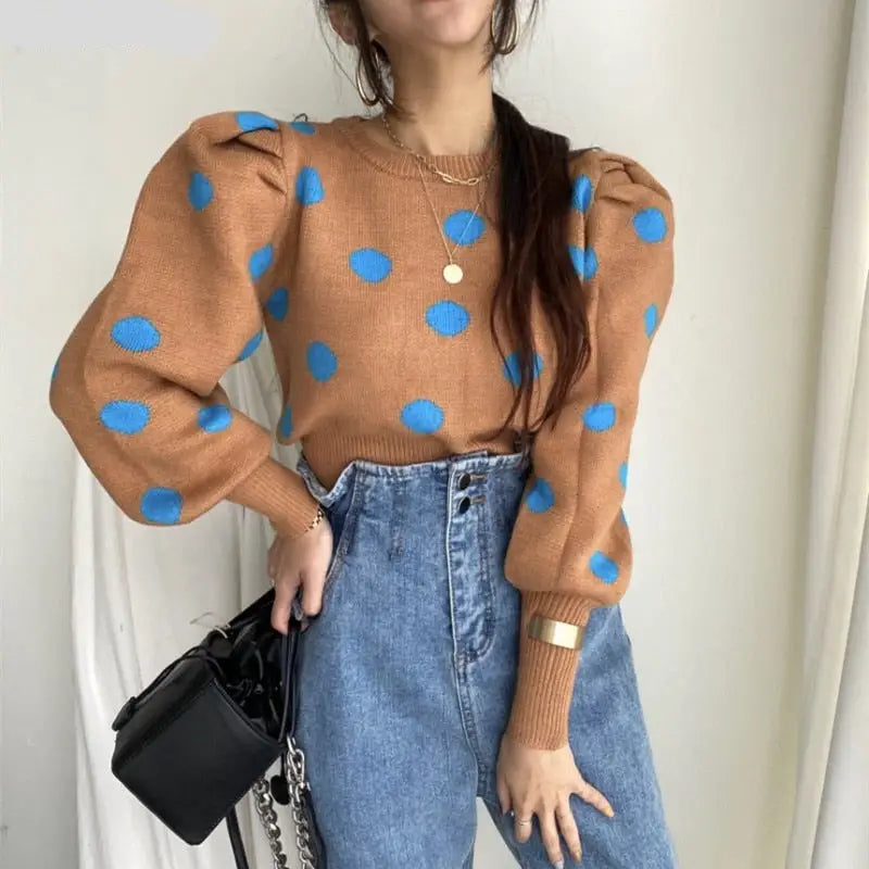 Cashmere Cotton Polka Dot Puff Sleeve Sweater Khaki