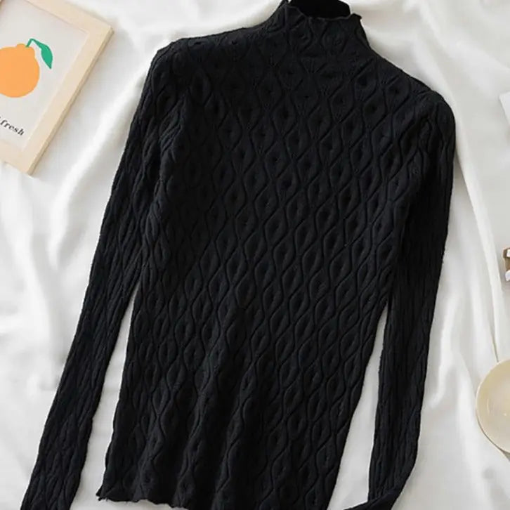 Cashmere Turtleneck Slim Knitted Sweater - Black / One Size