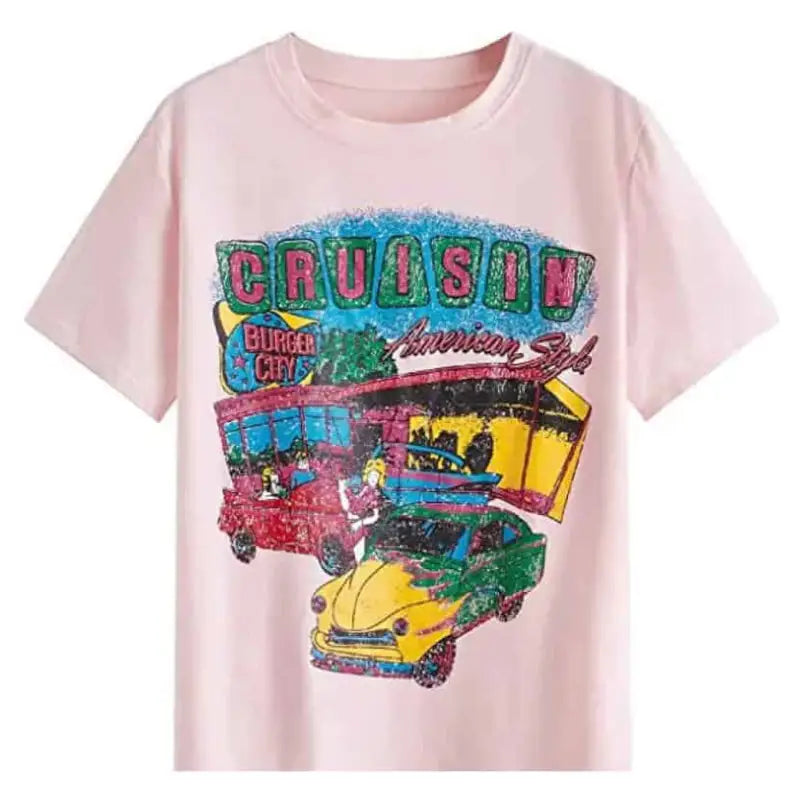 Casual Graphic T-shirt - Pink-CruisinCar / XS - Shirts