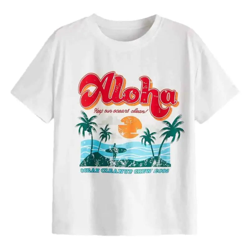 Casual Graphic T-shirt - White-Aloha / XS - Shirts