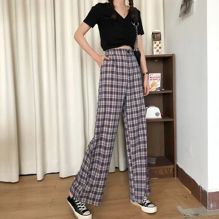 Casual Plaid Retro Aesthetic Loose Pants for Everyday Wear